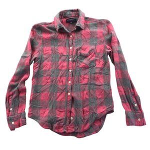 Aeropostale Women Shirt XS Pink Gray Plaid Button-Up Long Sleeve Flannel Western